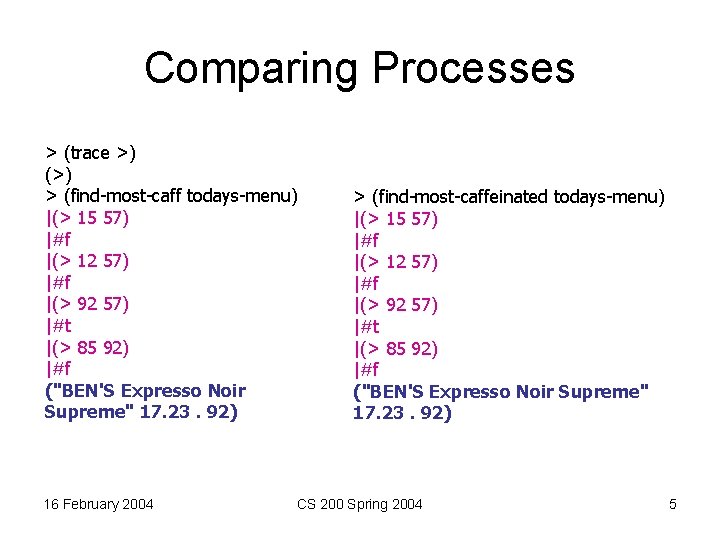 Comparing Processes > (trace >) (>) > (find-most-caff todays-menu) |(> 15 57) |#f |(>