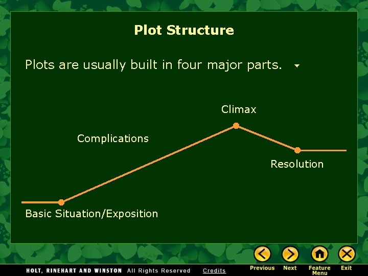 Plot Structure Plots are usually built in four major parts. Climax Complications Resolution Basic