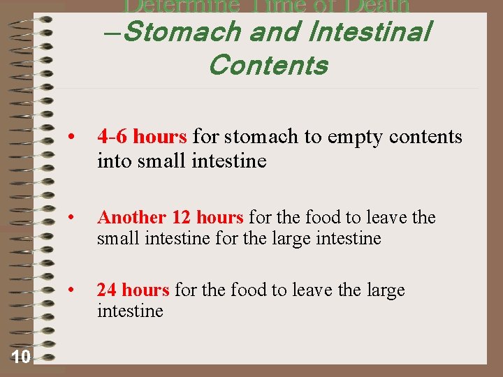 Determine Time of Death —Stomach and Intestinal Contents • 4 -6 hours for stomach