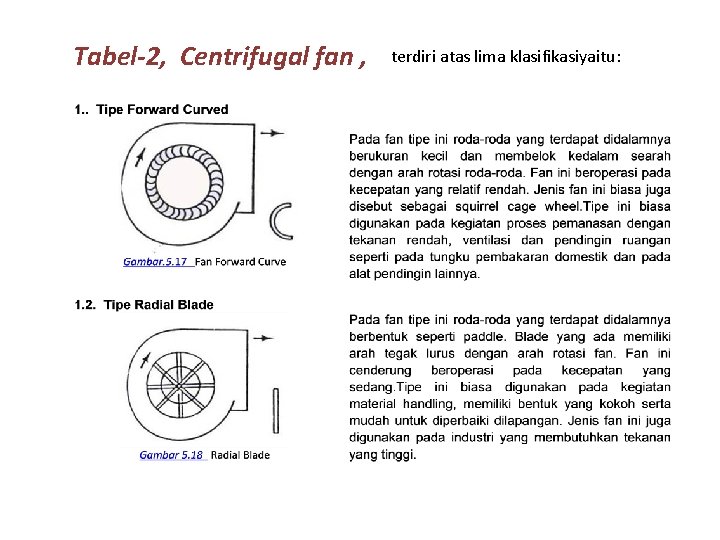 Tabel-2, Centrifugal fan , terdiri atas lima klasifikasiyaitu: 