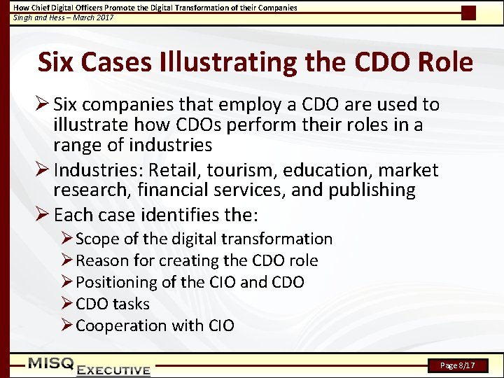 How Chief Digital Officers Promote the Digital Transformation of their Companies Singh and Hess