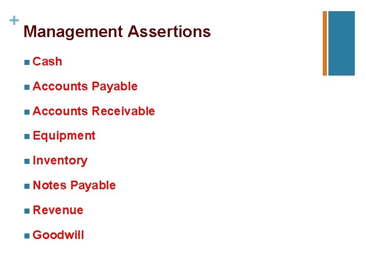 + Management Assertions n Cash n Accounts Payable n Accounts Receivable n Equipment n