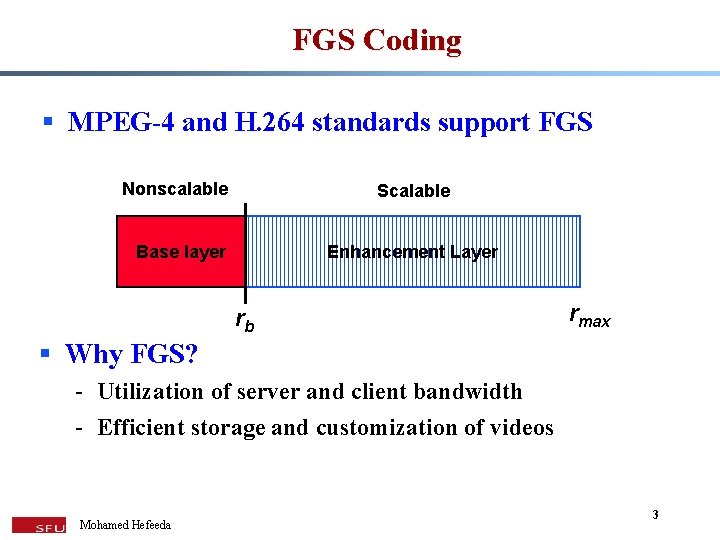 FGS Coding § MPEG-4 and H. 264 standards support FGS Nonscalable Scalable Base layer
