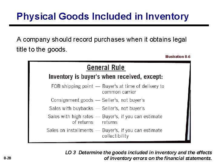 Physical Goods Included in Inventory A company should record purchases when it obtains legal