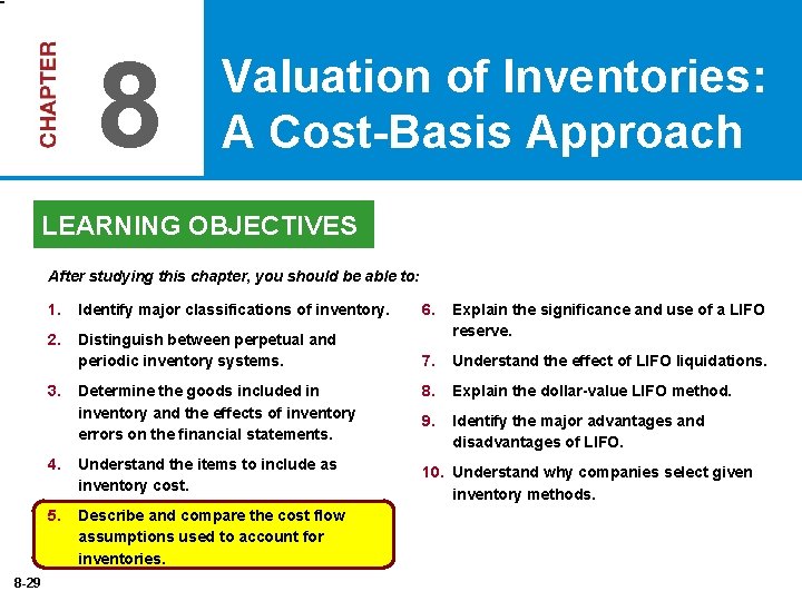 8 Valuation of Inventories: A Cost-Basis Approach LEARNING OBJECTIVES After studying this chapter, you