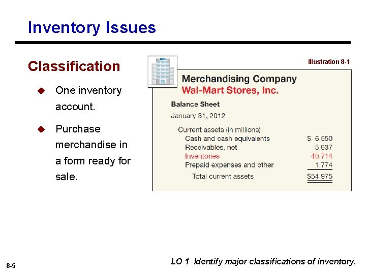 Inventory Issues Classification 8 -5 u One inventory account. u Purchase merchandise in a