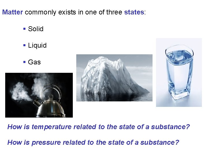 Matter commonly exists in one of three states: § Solid § Liquid § Gas