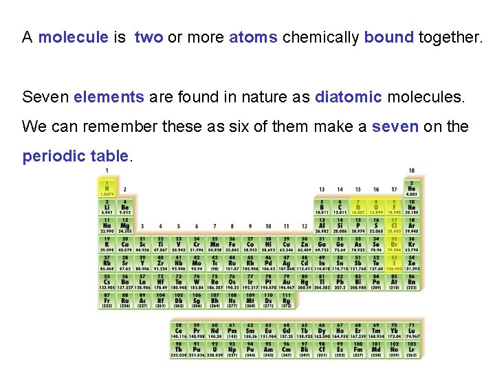 A molecule is two or more atoms chemically bound together. Seven elements are found