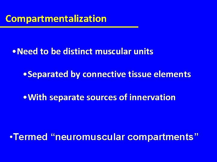 Compartmentalization • Need to be distinct muscular units • Separated by connective tissue elements