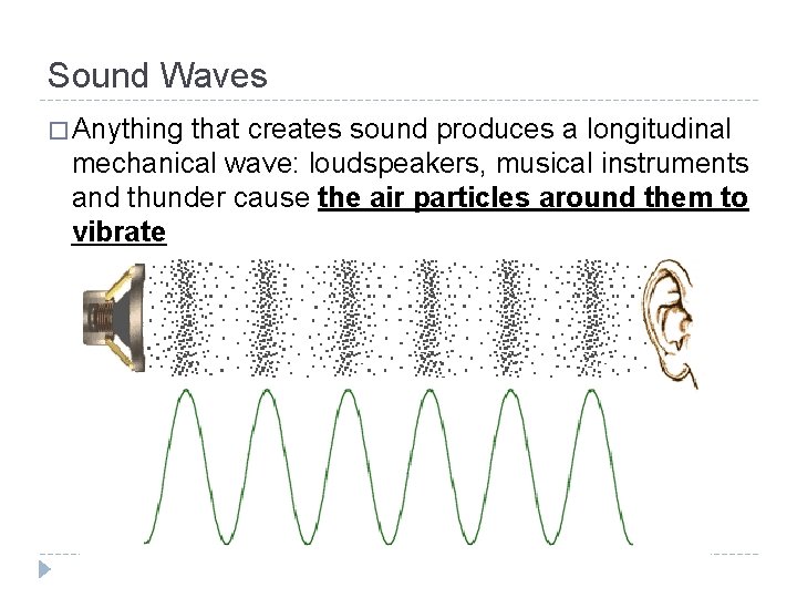 Sound Waves � Anything that creates sound produces a longitudinal mechanical wave: loudspeakers, musical