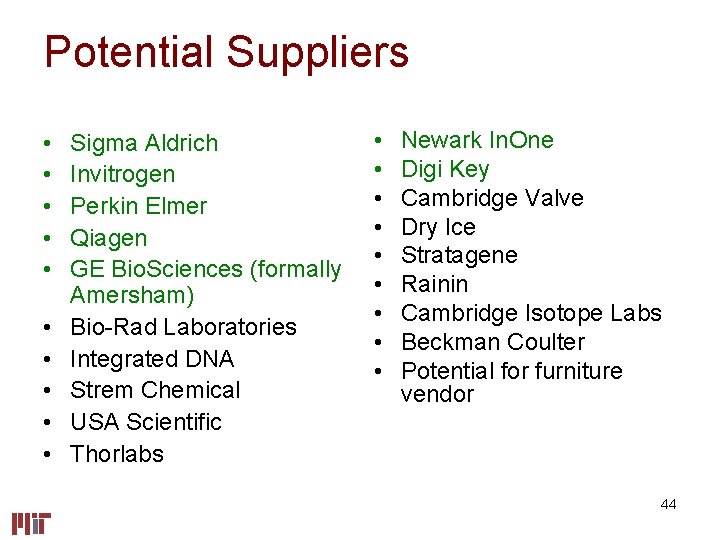 Potential Suppliers • • • Sigma Aldrich Invitrogen Perkin Elmer Qiagen GE Bio. Sciences