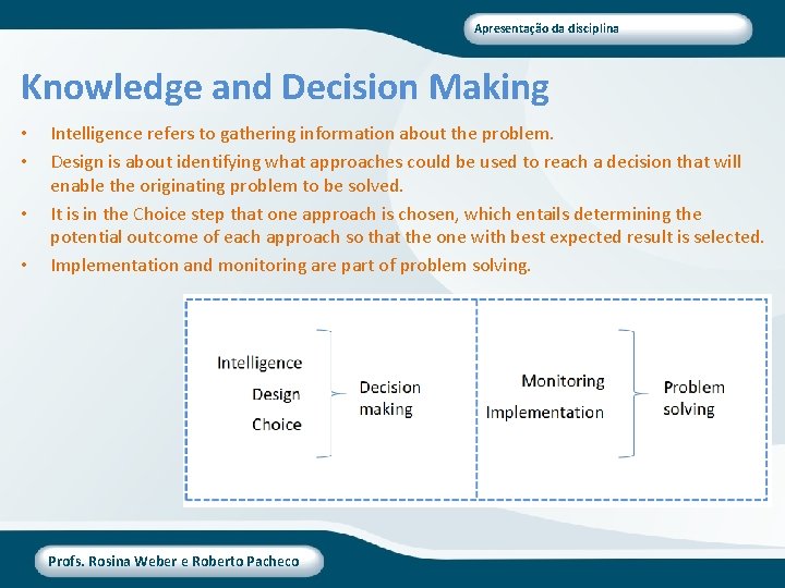 Apresentação da disciplina Knowledge and Decision Making • • Intelligence refers to gathering information