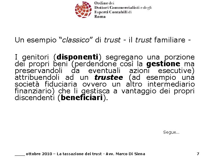 Un esempio “classico” di trust - il trust familiare I genitori (disponenti) segregano una