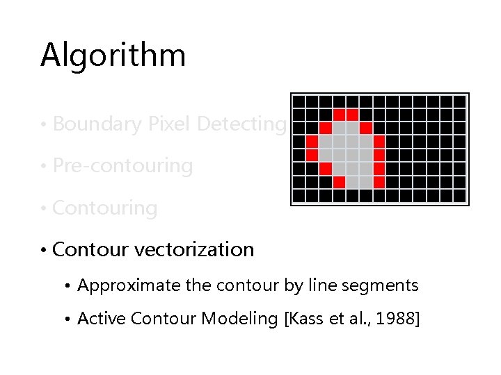 Algorithm • Boundary Pixel Detecting • Pre-contouring • Contour vectorization • Approximate the contour