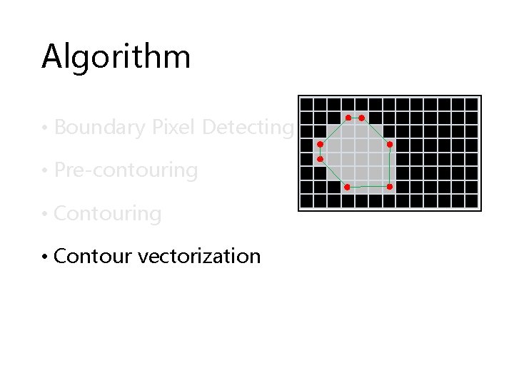 Algorithm • Boundary Pixel Detecting • Pre-contouring • Contour vectorization 