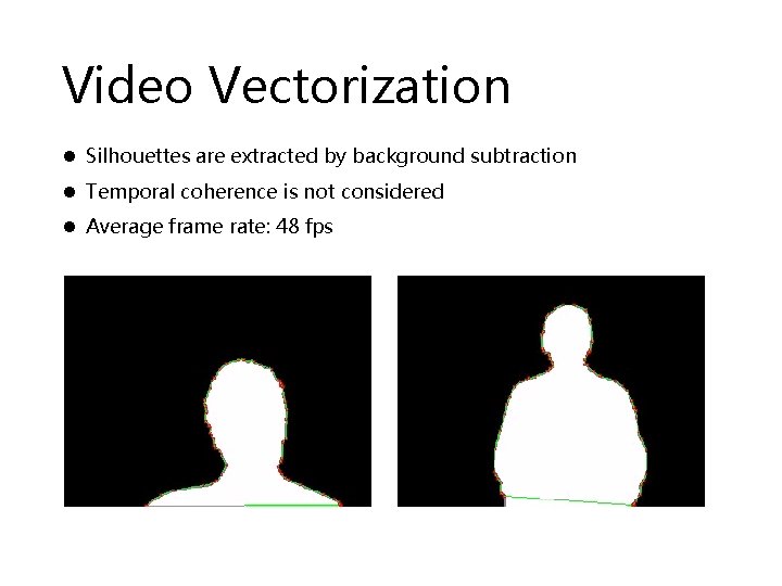 Video Vectorization l Silhouettes are extracted by background subtraction l Temporal coherence is not