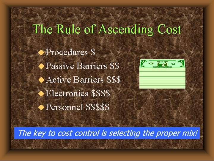 The Rule of Ascending Cost u Procedures $ u Passive Barriers $$ u Active