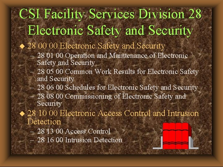 CSI Facility Services Division 28 Electronic Safety and Security u 28 00 00 Electronic