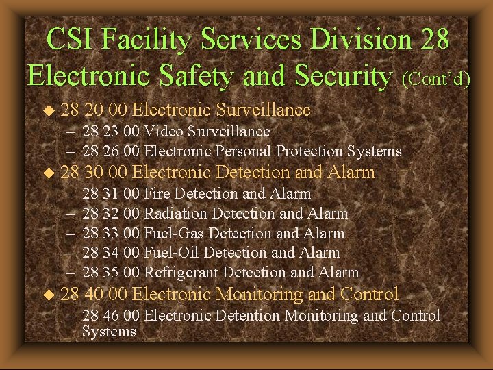 CSI Facility Services Division 28 Electronic Safety and Security (Cont’d) u 28 20 00