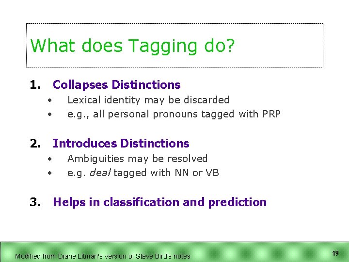 What does Tagging do? 1. Collapses Distinctions • • 2. Introduces Distinctions • •