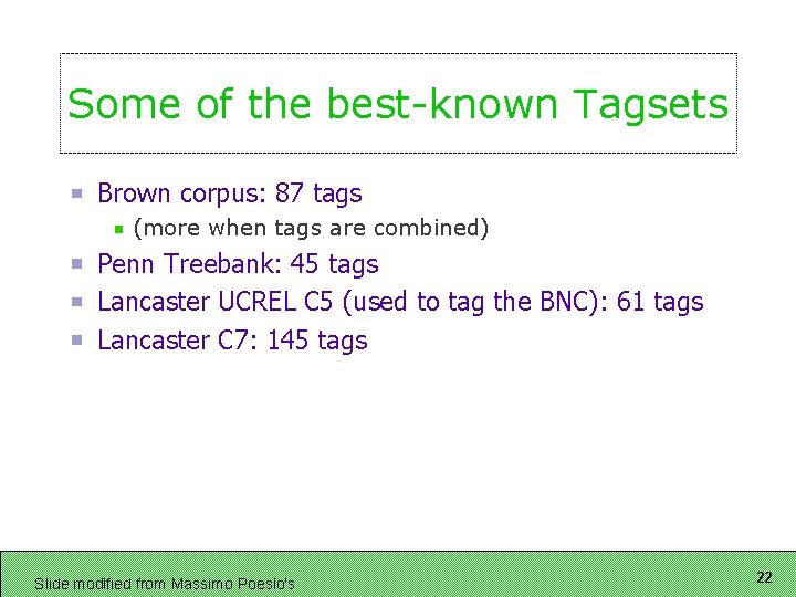 Some of the best-known Tagsets Brown corpus: 87 tags (more when tags are combined)