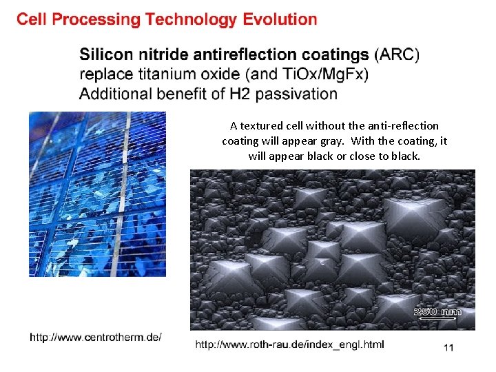 A textured cell without the anti-reflection coating will appear gray. With the coating, it A textured cell without the anti-reflection coating will appear gray. With the coating, it