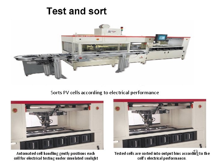 Sorts PV cells according to electrical performance Automated cell handling gently positions each cell Sorts PV cells according to electrical performance Automated cell handling gently positions each cell