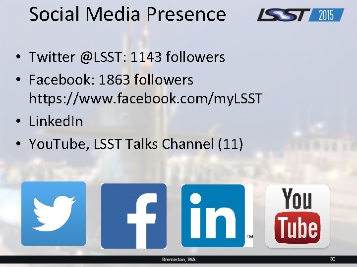 Social Media Presence • Twitter @LSST: 1143 followers • Facebook: 1863 followers https: //www.