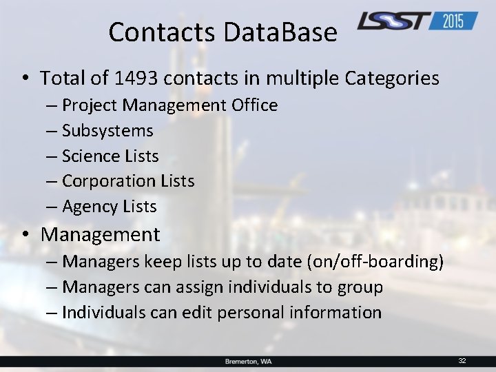 Contacts Data. Base • Total of 1493 contacts in multiple Categories – Project Management