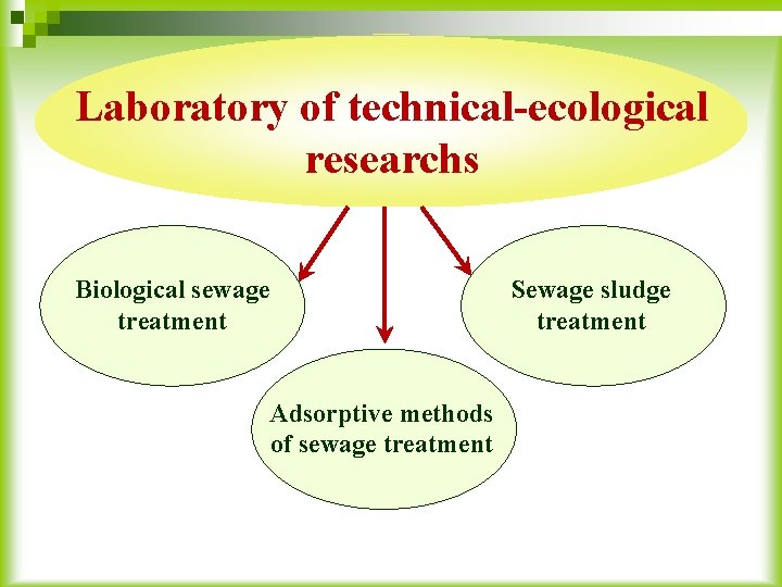 Laboratory of technical-ecological researchs Biological sewage treatment Sewage sludge treatment Adsorptive methods of sewage