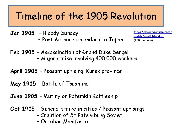 Timeline of the 1905 Revolution Jan 1905 – Bloody Sunday – Port Arthur surrenders
