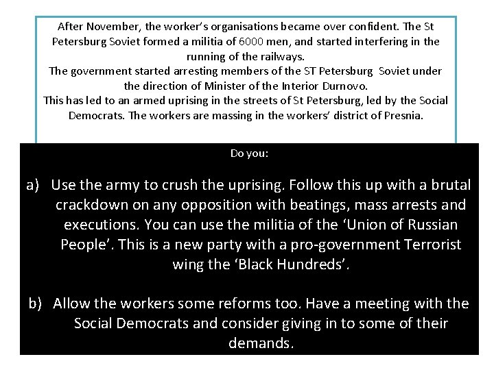 After November, the worker’s organisations became over confident. The St Petersburg Soviet formed a
