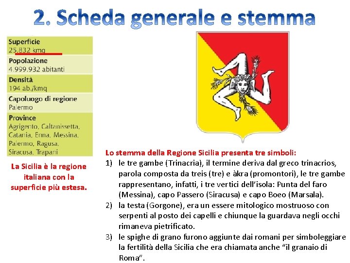 La Sicilia è la regione italiana con la superficie più estesa. Lo stemma della