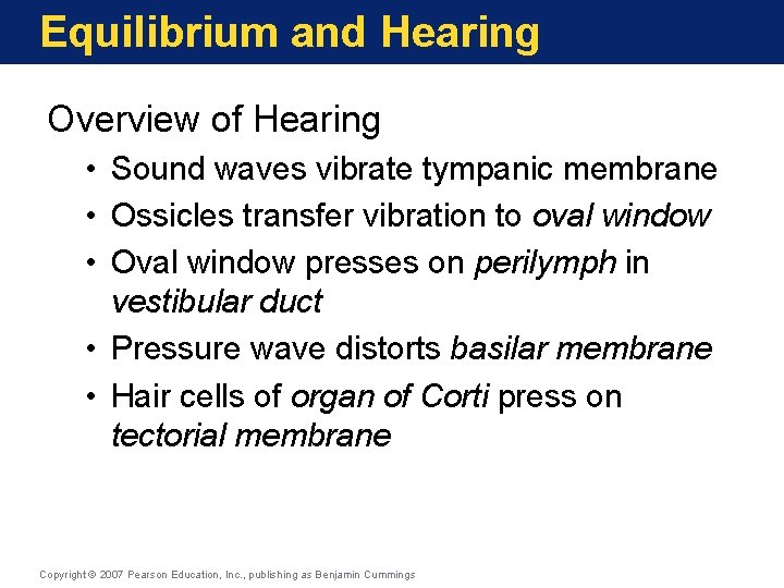 Equilibrium and Hearing Overview of Hearing • Sound waves vibrate tympanic membrane • Ossicles