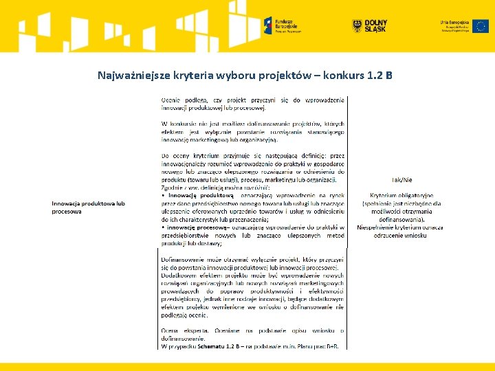 Najważniejsze kryteria wyboru projektów – konkurs 1. 2 B 