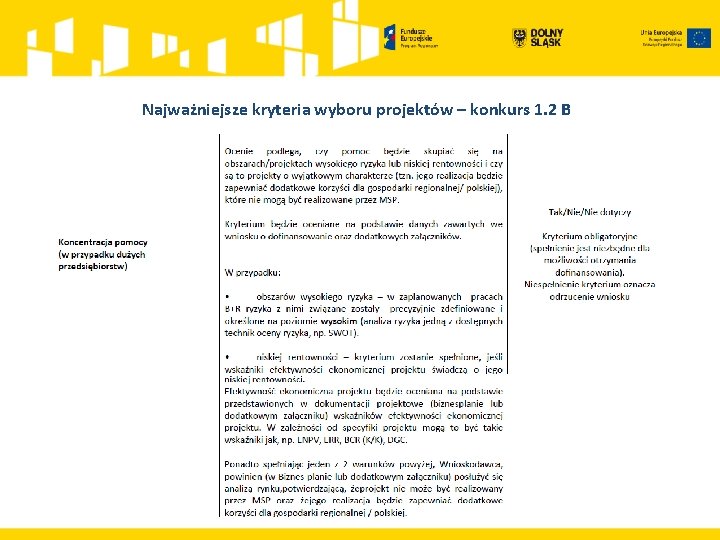 Najważniejsze kryteria wyboru projektów – konkurs 1. 2 B 