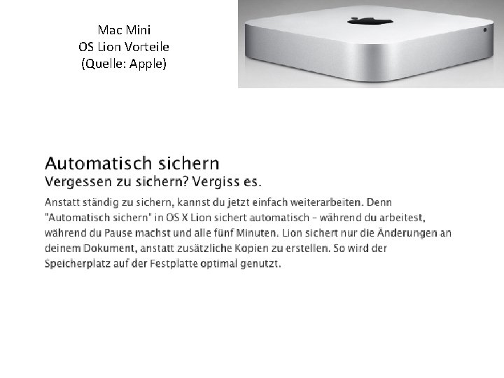 Mac Mini OS Lion Vorteile (Quelle: Apple) 