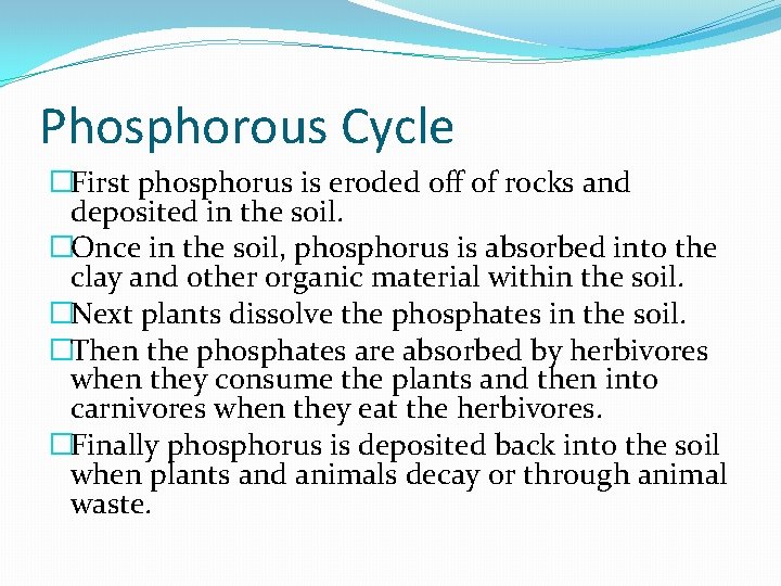 Phosphorous Cycle �First phosphorus is eroded off of rocks and deposited in the soil.
