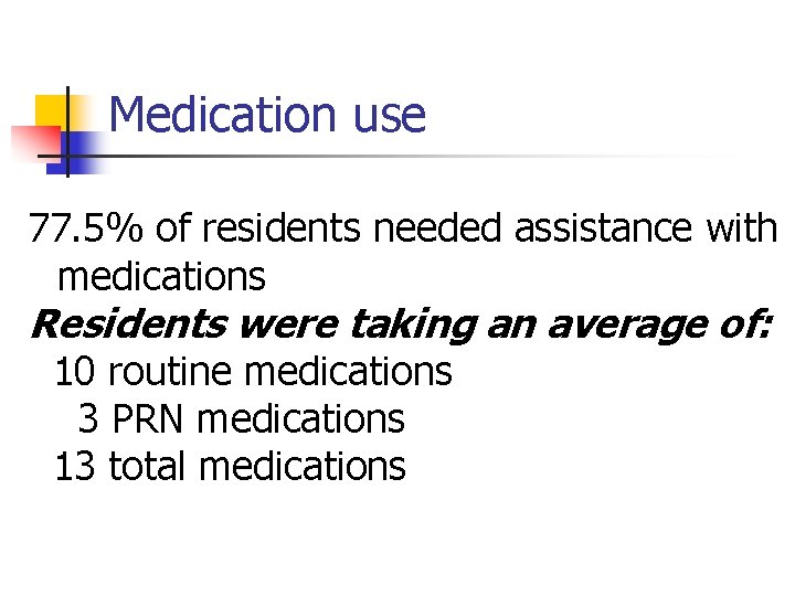 Medication use 77. 5% of residents needed assistance with medications Residents were taking an