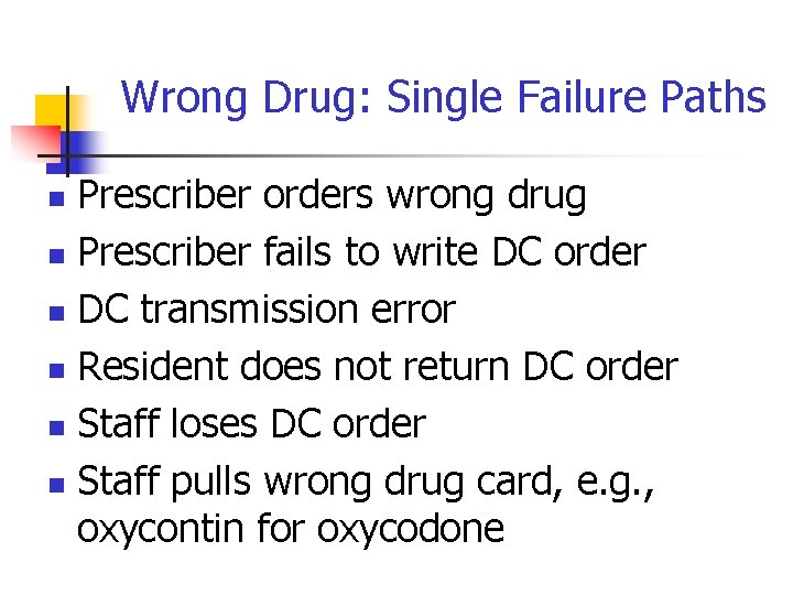 Wrong Drug: Single Failure Paths Prescriber orders wrong drug n Prescriber fails to write