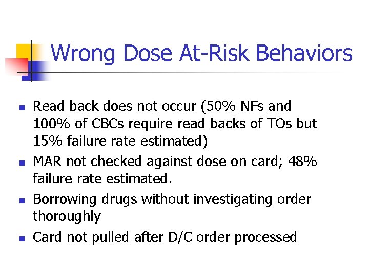 Wrong Dose At-Risk Behaviors n n Read back does not occur (50% NFs and