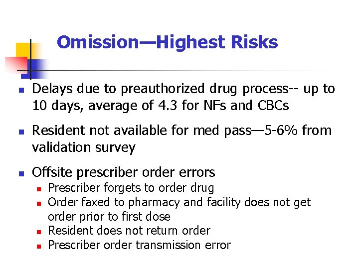 Omission—Highest Risks n n n Delays due to preauthorized drug process-- up to 10