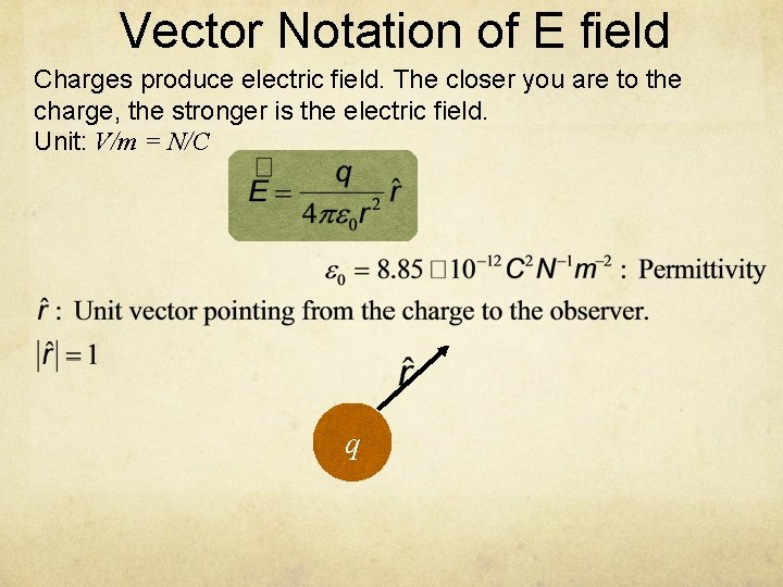 Vector Notation of E field Charges produce electric field. The closer you are to