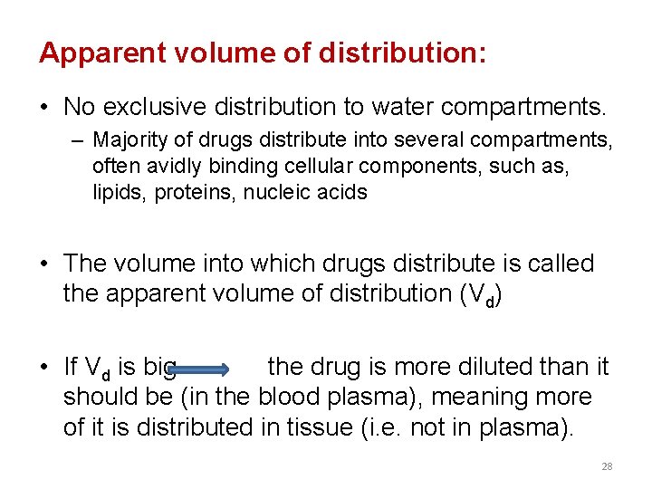 Apparent volume of distribution: • No exclusive distribution to water compartments. – Majority of