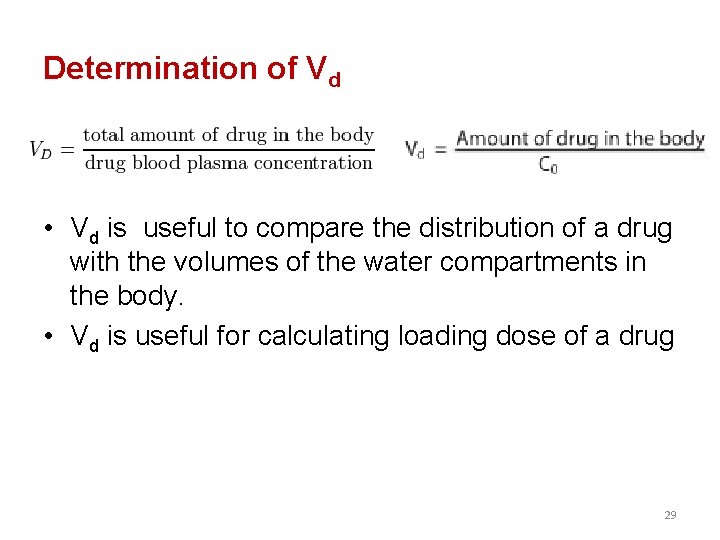 Determination of Vd • Vd is useful to compare the distribution of a drug