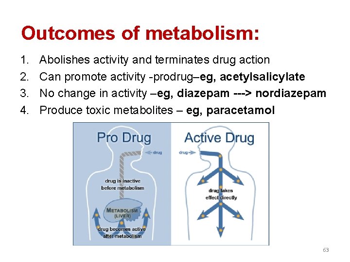 Outcomes of metabolism: 1. 2. 3. 4. Abolishes activity and terminates drug action Can