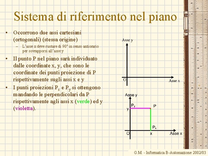 Sistema di riferimento nel piano • Occorrono due assi cartesiani (ortogonali) (stessa origine) –