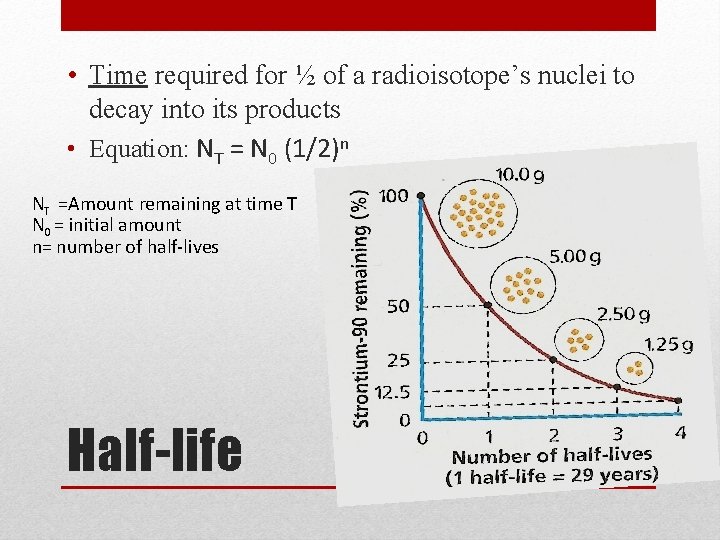  • Time required for ½ of a radioisotope’s nuclei to decay into its