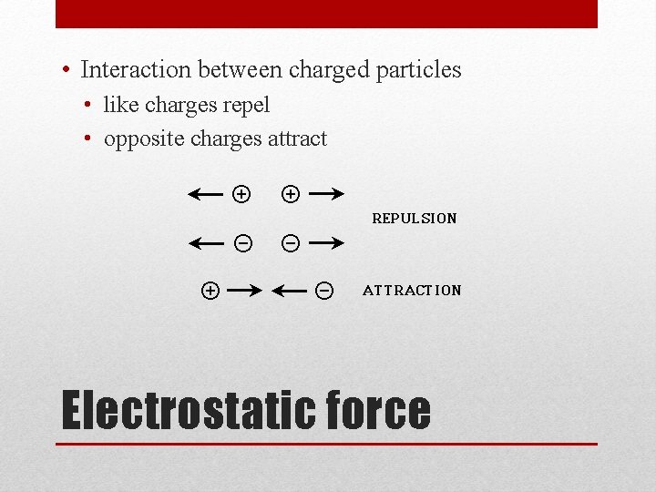  • Interaction between charged particles • like charges repel • opposite charges attract