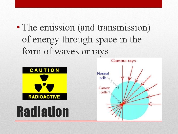  • The emission (and transmission) of energy through space in the form of